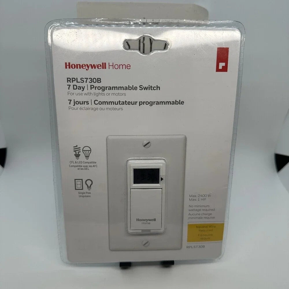 Honeywell Home RPLS730B 7-Day Programmable Light Switch Timer White Neutral Wire